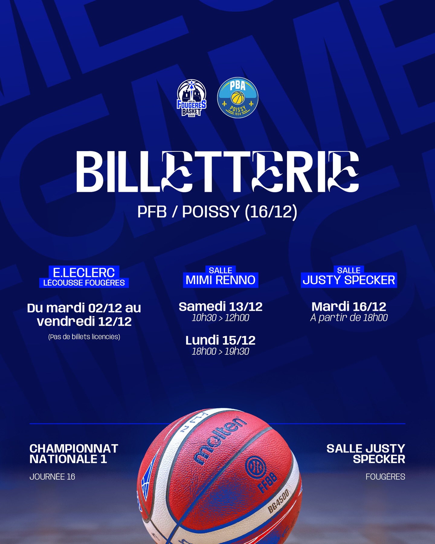 👉🏼🎫 𝑩𝑰𝑳𝑳𝑬𝑻𝑻𝑬𝑹𝑰𝑬

🆚 Poissy | 📆 Mar. 16/12 | ⌚️ 20h00 | 🏟️ Salle Justy Specker

👉🏼 Disponible au Leclerc Lécousse/Fougères