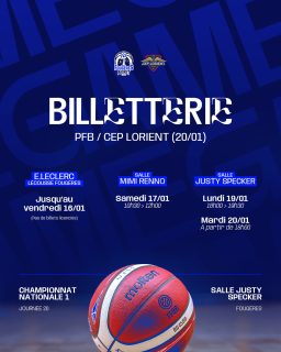 👉🏼🎫 𝑩𝑰𝑳𝑳𝑬𝑻𝑻𝑬𝑹𝑰𝑬

🆚 Lorient | 📆 Mar. 20/01 | ⌚️ 20h00 | 🏟️ Salle Justy Specker

⚠️ Les places pour le match à Rennes du vendredi 23/01, seront en vente samedi matin à la salle Mimi Renno !